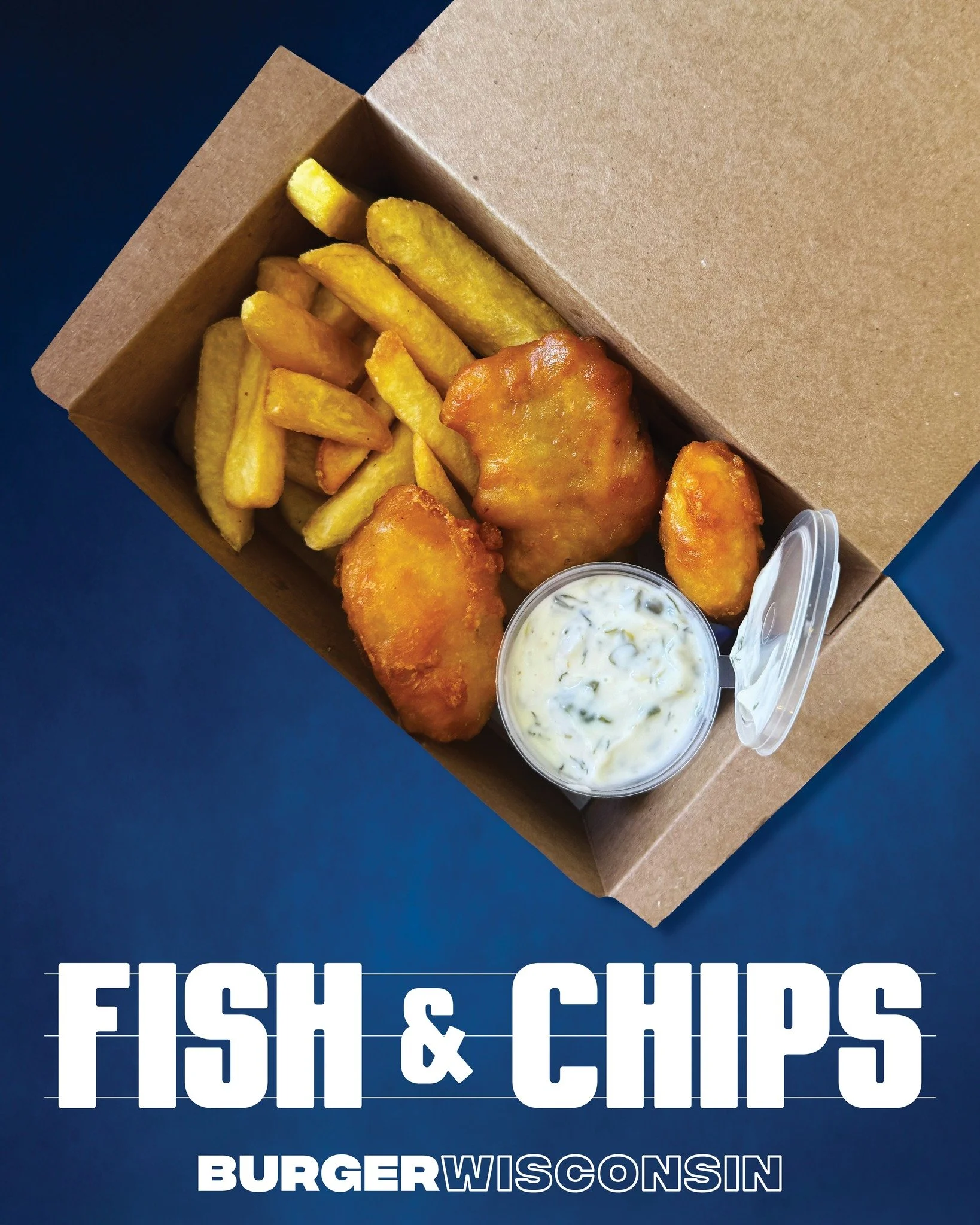 Our new Fish &amp; Chips Meal Boxes are here for a limited time &mdash; perfect for beach missions, roadies, or an on-the-go feed. 🐟🌞

3 pieces of tempura battered fish, our DELICIOUS Burger Wisconsin house-made zesty tartare sauce, fries &amp; tom