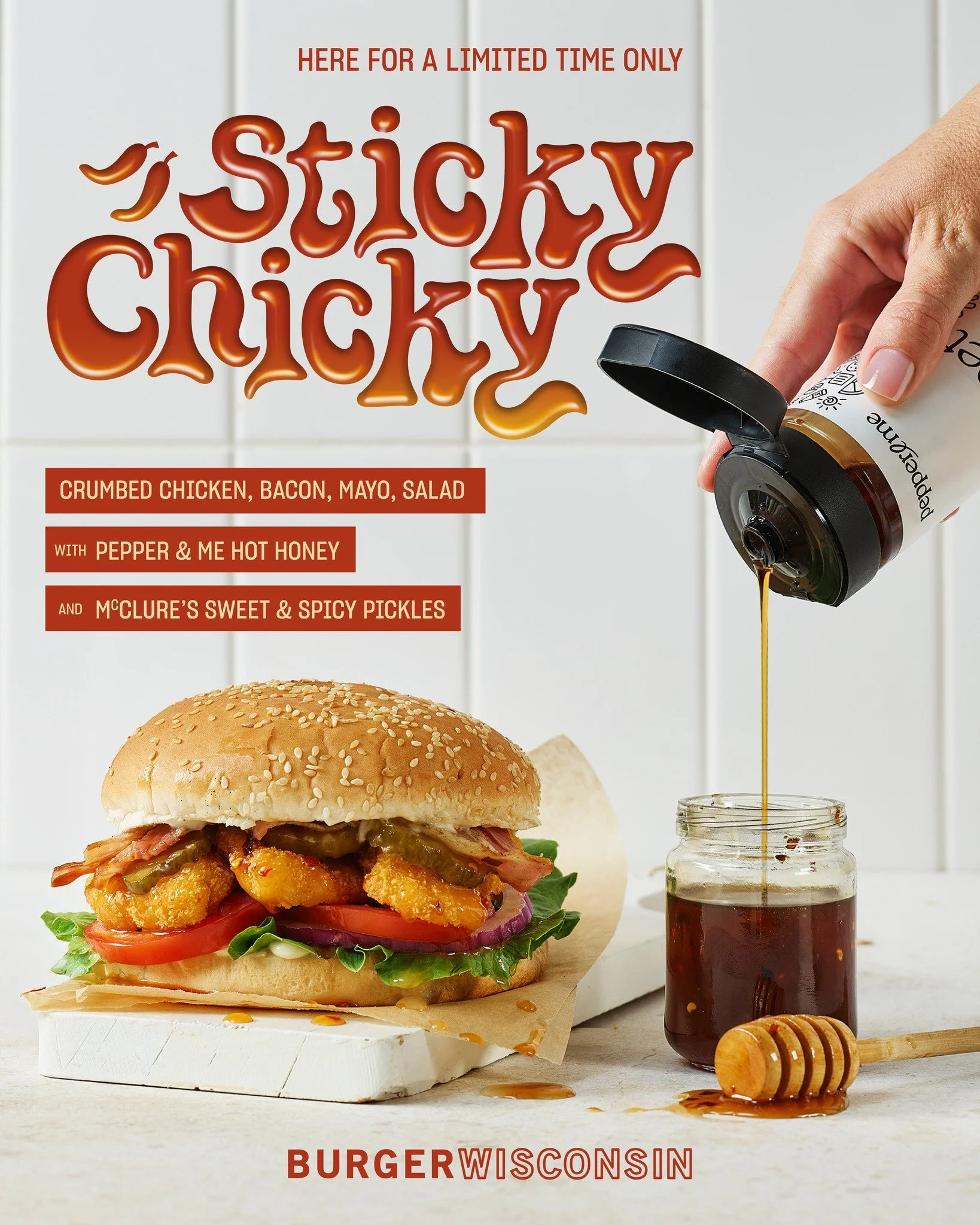 Meet the Sticky Chicky - a hot honey burger done properly. Locally owned Pepper &amp; Me hot honey drizzled over crumbed chicken and crispy bacon, with McClure's sweet &amp; spicy pickles, fresh salad and mayo on a sesame seed bun. Here for a short a