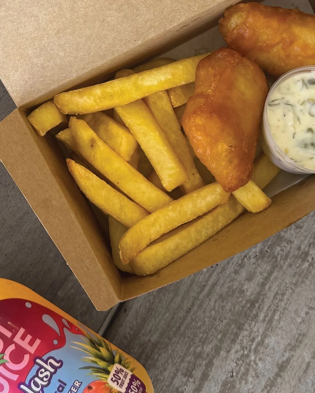 Junior Fish &amp; Chips done right at Burger Wisconsin. 
Don't forget, you can feed the school holiday crew for free - grab any Junior Meal on the house with orders over $20. Final days, this offer ends Sunday 🐟🍟🧃