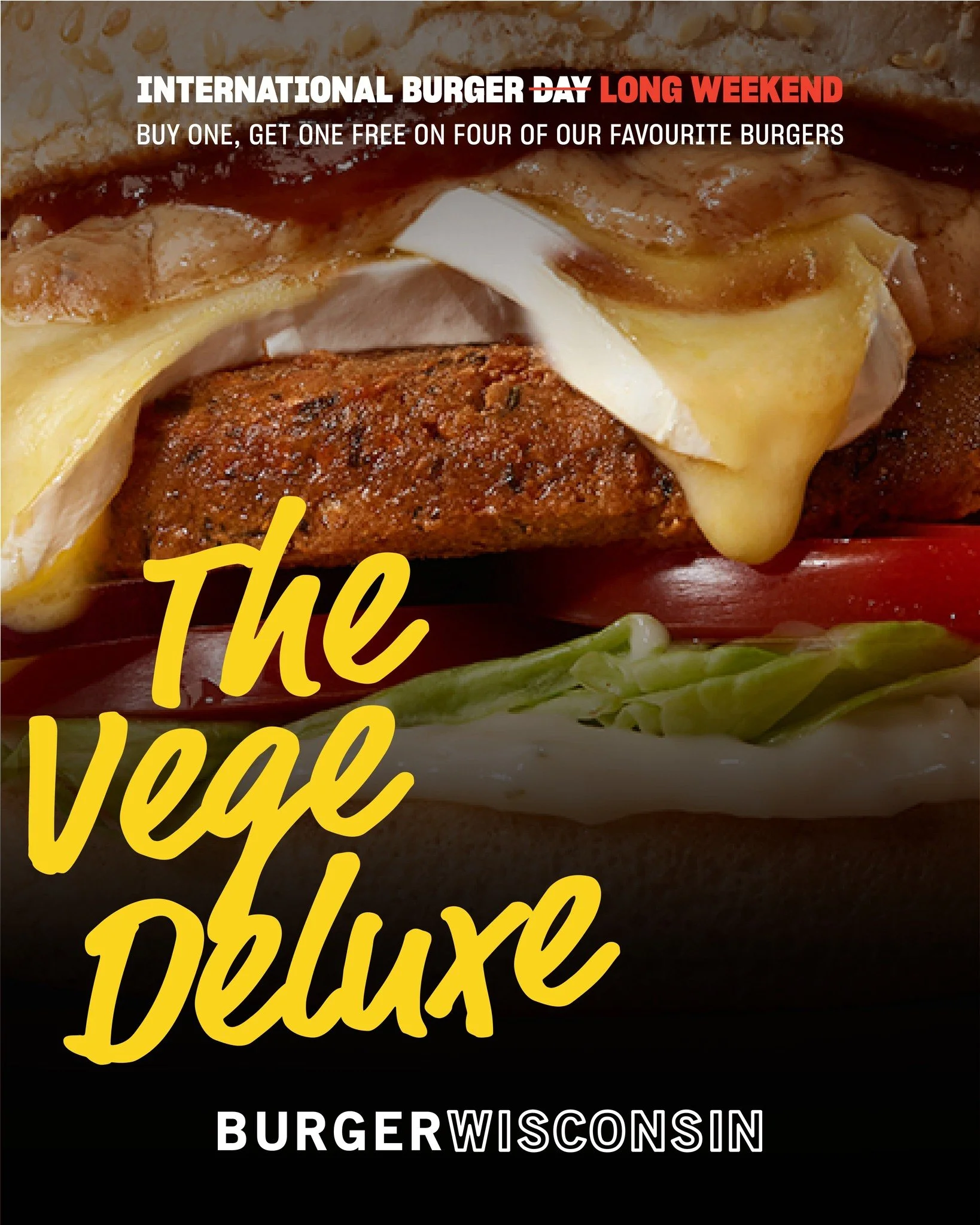 Burger Day 2 for 1 offer highlight: The Vege Deluxe. 
Vegetarians, we got you. Chickpea falafel, spicy peanut satay sauce, camembert, garlic mayo, salad and relish on a sesame seed bun. 🍔🌱

Exclusive to BW Loyalty. Download the Burger Wisconsin App