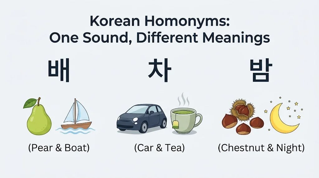 동형어 몇 개 Korean Homonyms: One Sound, Multiple Meanings - The Power of Context in Korean