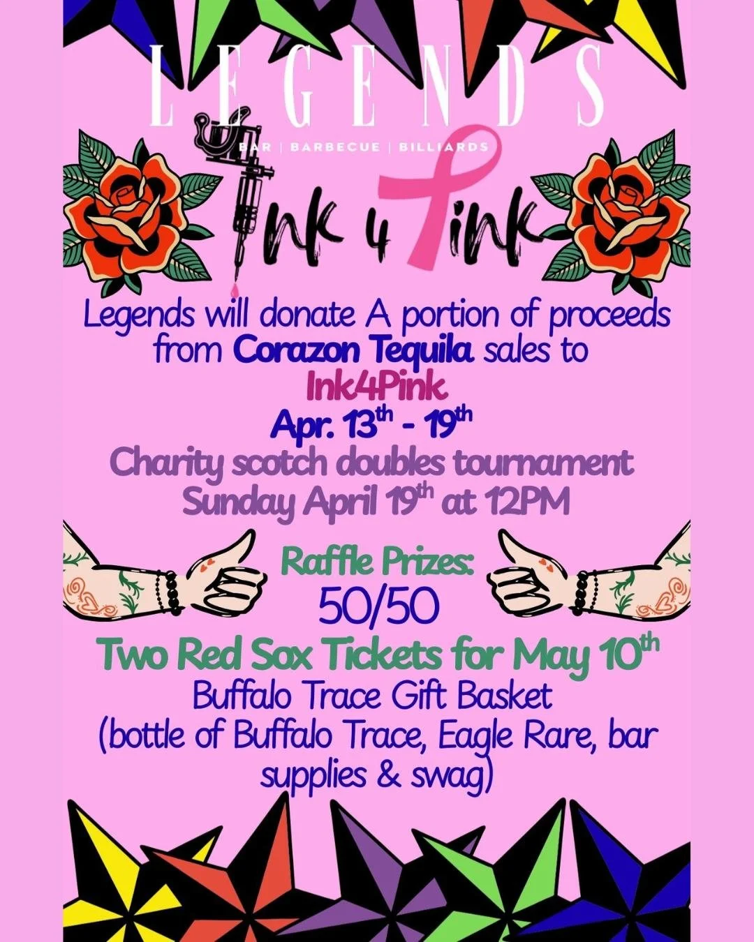 🎱💕 ONE MONTH AWAY!! 🎱💕

On Sunday, April 19 at 12pm, our friends at @legendsbilliardsandtavern in Portsmouth, NH are hosting a charity billiards tournament to benefit Ink 4 Pink!

🎱 Scotch doubles (random partners!)
🎟 Raffles, swag, 50/50
🎁 Pr