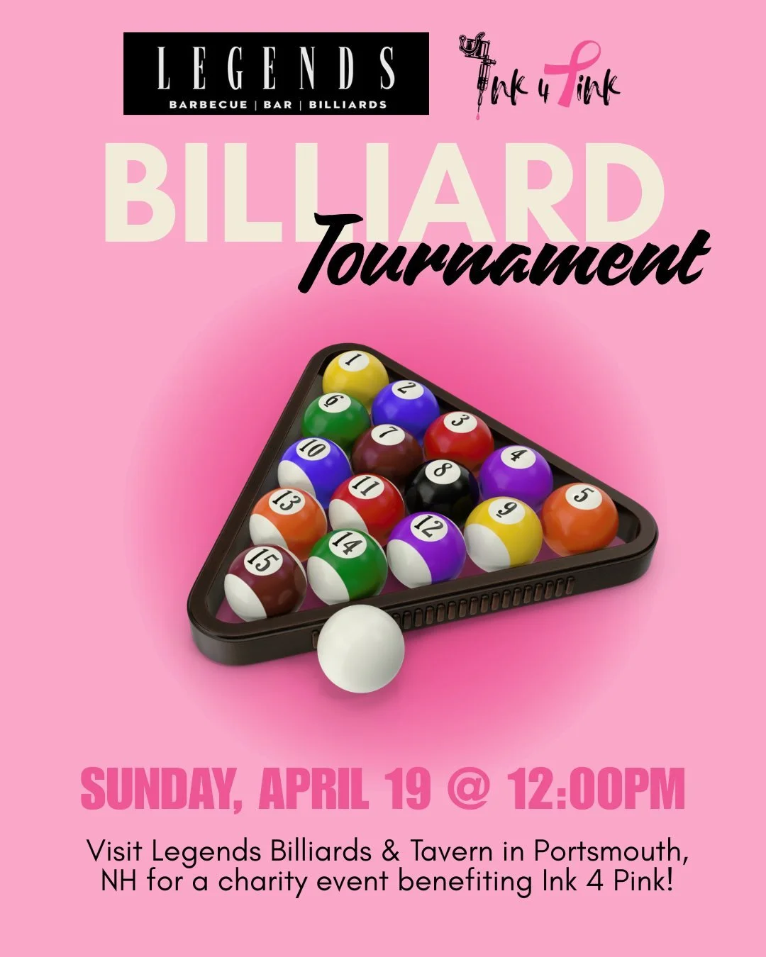 🎱💕 This Sunday, join us at @legendsbilliardsandtavern in Portsmouth, NH for a charity event benefiting Ink 4 Pink!!

The tournament is scotch doubles (random partners!), with a $25 buy-in ($10 goes to Ink 4 Pink, $15 goes to the prize pool).

🎟️ T