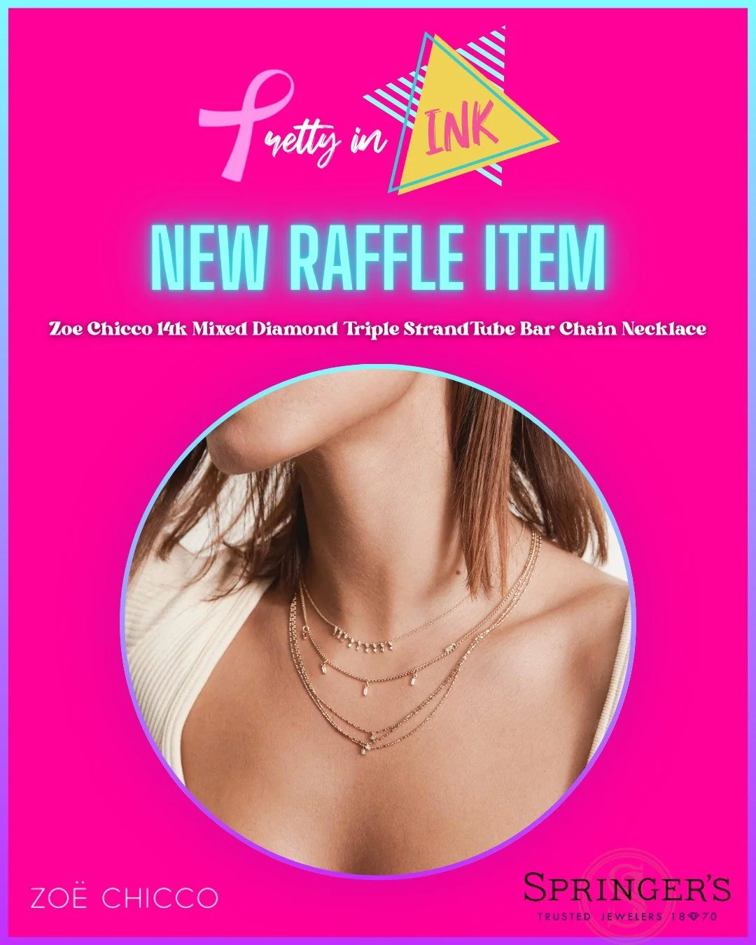 🎟️ New raffle item! 🎟️

Join our Pretty in INK fundraising event on October 16 for a chance to win this stunning necklace!

Generously donated by @SpringersJewelers, this Zo&euml; Chicco 14k mixed diamond triple chain necklace will be part of our r