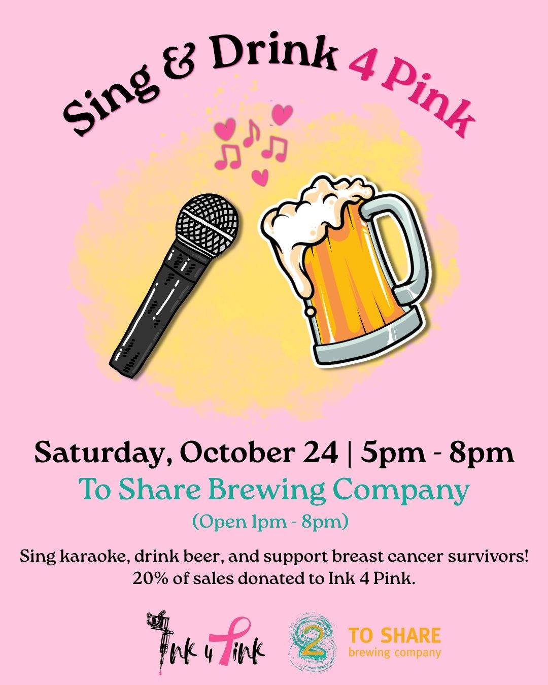 Join us at @ToShareBrewing on Saturday, October 24 to Sing &amp; Drink 4 Pink! 🎤💕

October is Breast Cancer Awareness Month AND it&rsquo;s Jenni&rsquo;s 2-year anniversary of being cancer-free, so that means we&rsquo;re celebrating BIG!

To Share i