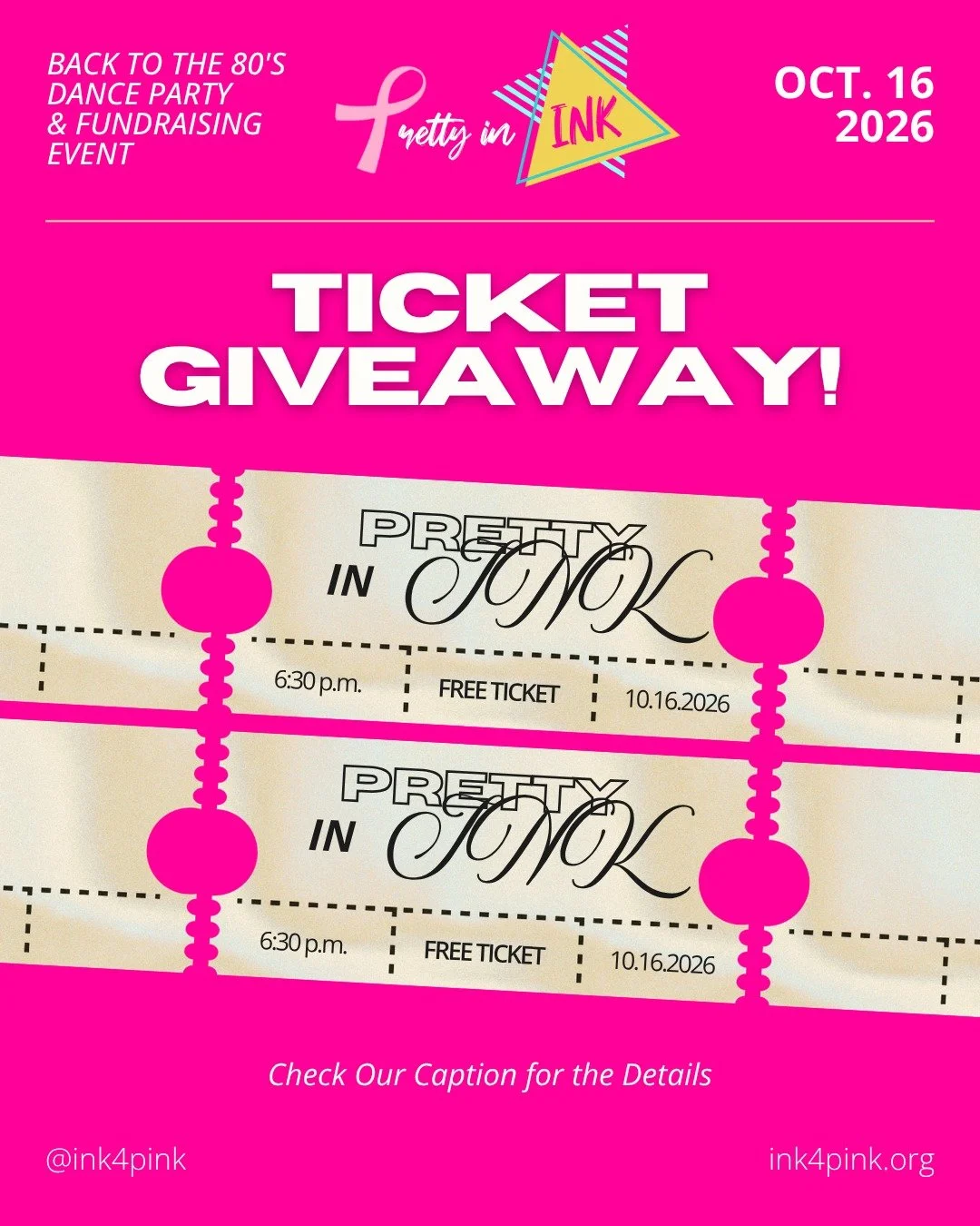 🎟️ TICKET GIVEAWAY! 🎟️

Want to win 2 FREE tickets to our Pretty in INK 80s Dance Party? 💕 Enter now for your chance to join us for a totally rad night of dancing, fun, and fundraising!

💕 Follow @ink4pink
💕 Like this post
💕 Tag the person you&
