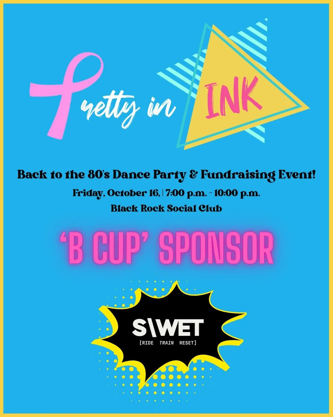 Thank you to our Pretty in INK event 'B Cup' sponsor, @swetstudios 💪💕

S\WET Studios is where movement meets music, and challenge fuels transformation. Visit their Portsmouth location (2800 Lafayette Rd, #18) to Ride, Train, and Reset in a space bu