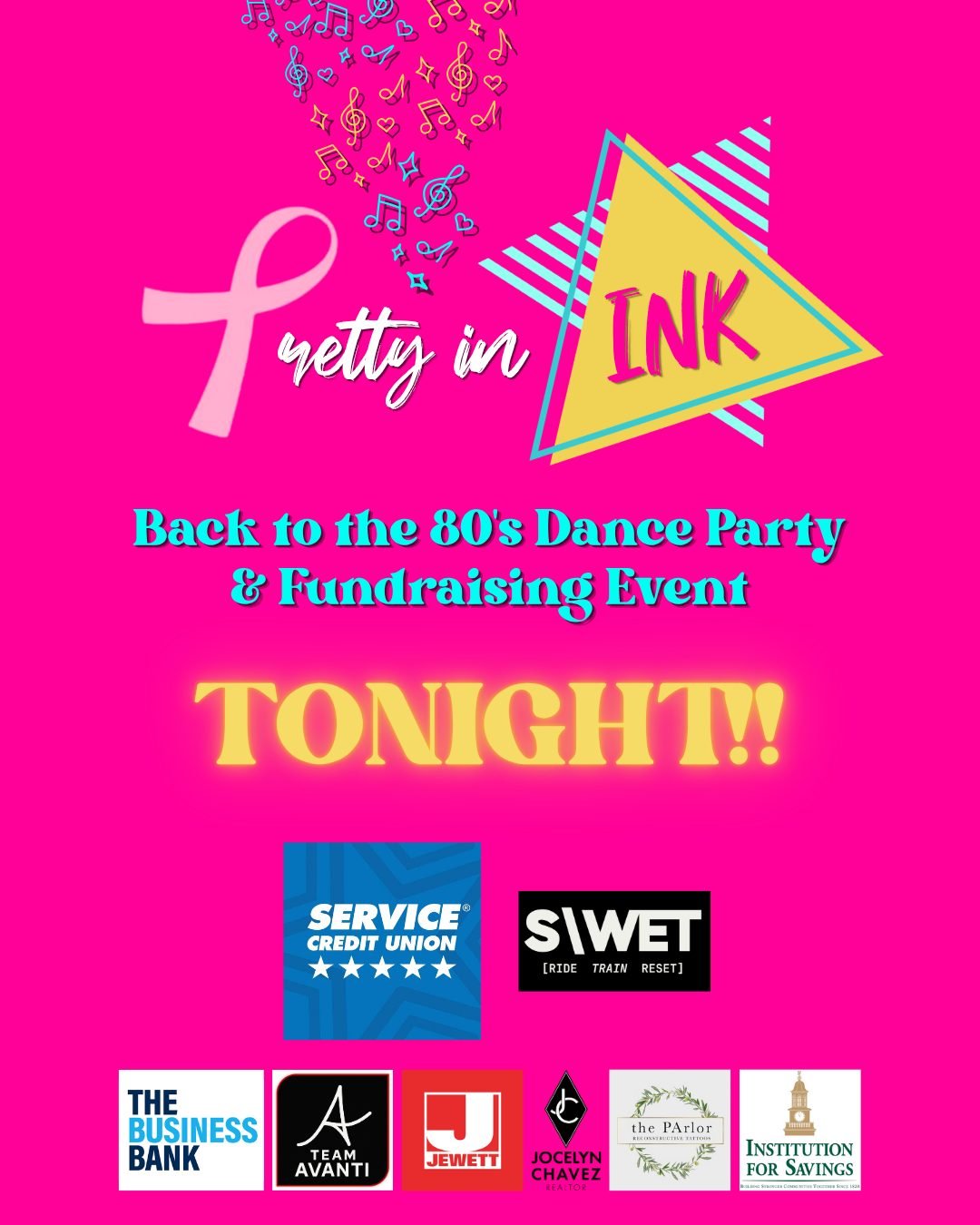 💕🎉 Pretty in INK is TONIGHT!! 💕🎉

Dress and dance like it's the 80's, all while supporting breast cancer survivors.

Enjoy throwback music, amazing raffle prizes, light bites, a cash bar, plus grand prizes will be awarded to the 🏆 TOP 3 🏆 best 