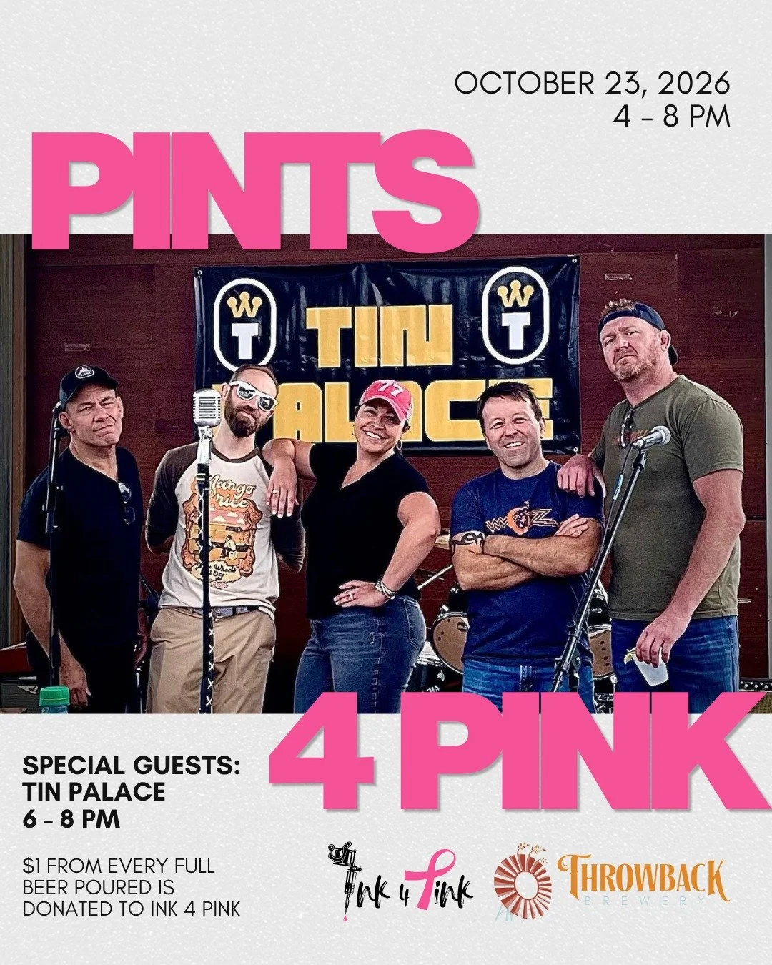 Join us Friday night for a Pints 4 Pink event at @thrwbck Brewery! 🍻💕

From 4-8pm, $1 from every full pour beer will be donated to Ink 4 Pink, furthering our mission to help breast cancer survivors feel at home in their bodies.

🎶 Special guests @