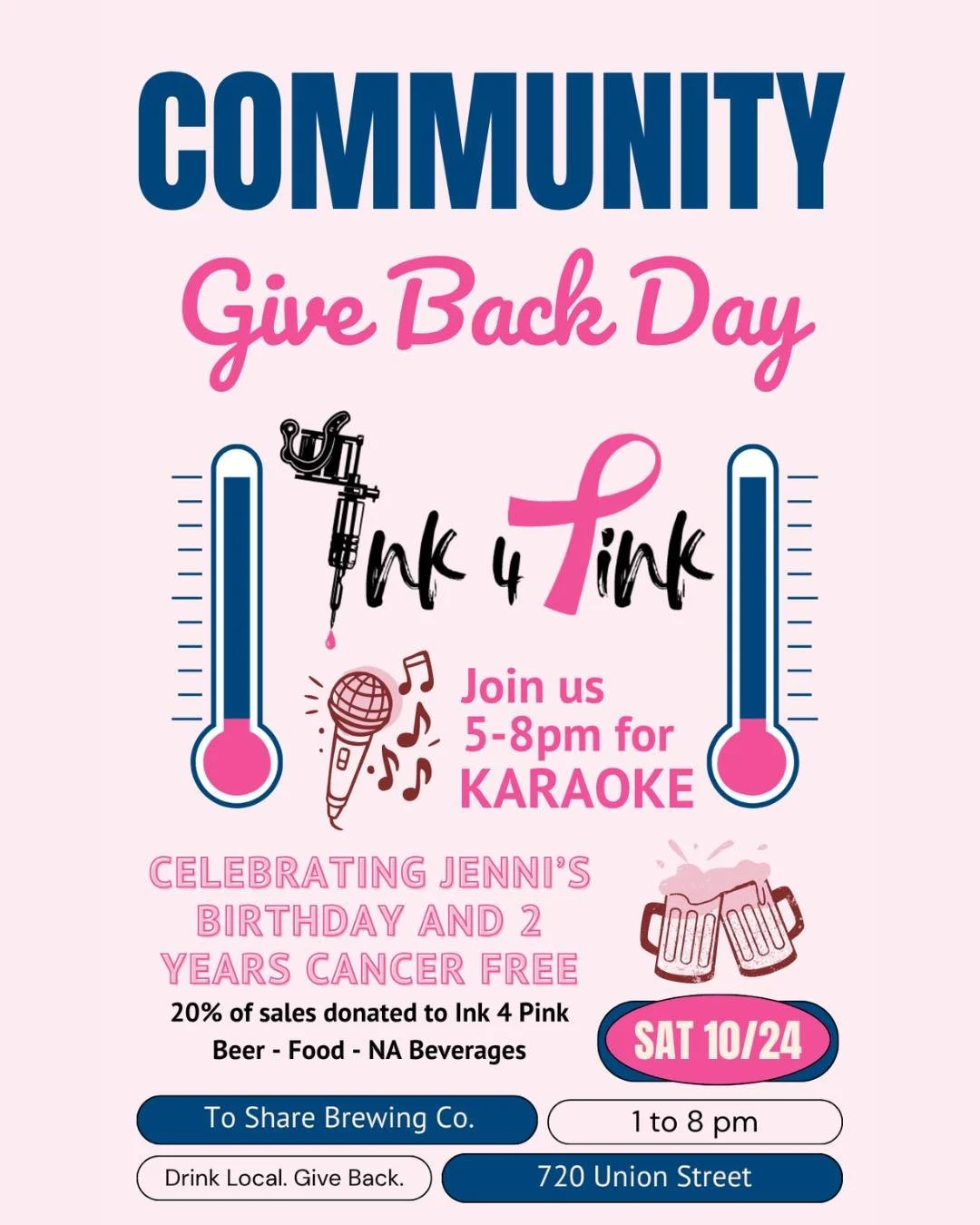 Sing &amp; Drink 4 Pink is this Saturday! 🎤💕

Join us at @ToShareBrewing in Manchester, NH for an evening of karaoke and fundraising to celebrate Jenni's birthday and 2 years of being cancer-free!

To Share will donate 20% of taproom sales, plus al