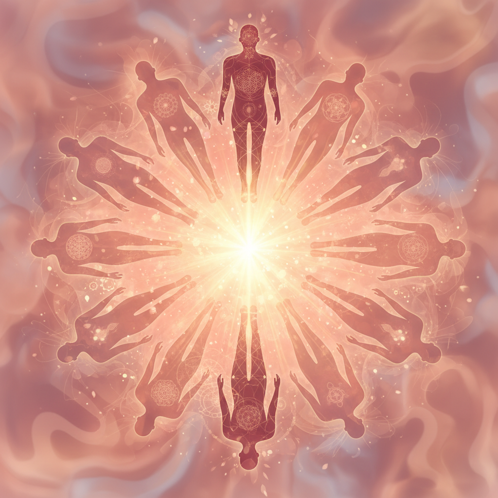 Silhouettes of multiple human figures arranged in a circle around a bright central light with geometric and spiritual patterns overlaying them.