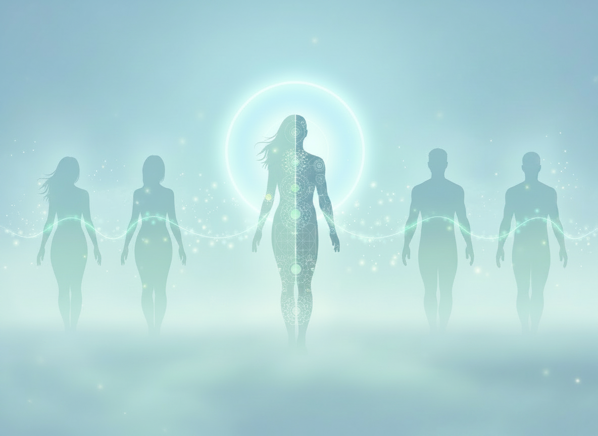 Silhouettes of five human figures, with the central figure highlighted by glowing lines and a circle around her head, representing energy or spiritual connection in a calming, ethereal blue background.