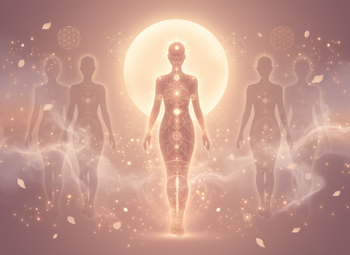 A digital illustration of five semi-transparent female figures surrounded by glowing particles and geometric symbols, with the central figure illuminated by a bright halo behind her.