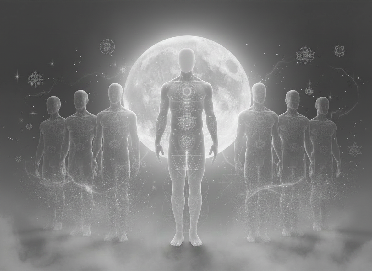 Six human figures with a glowing moon in the background, surrounded by mystical symbols and geometric patterns, all depicted in a transparent, ethereal style.