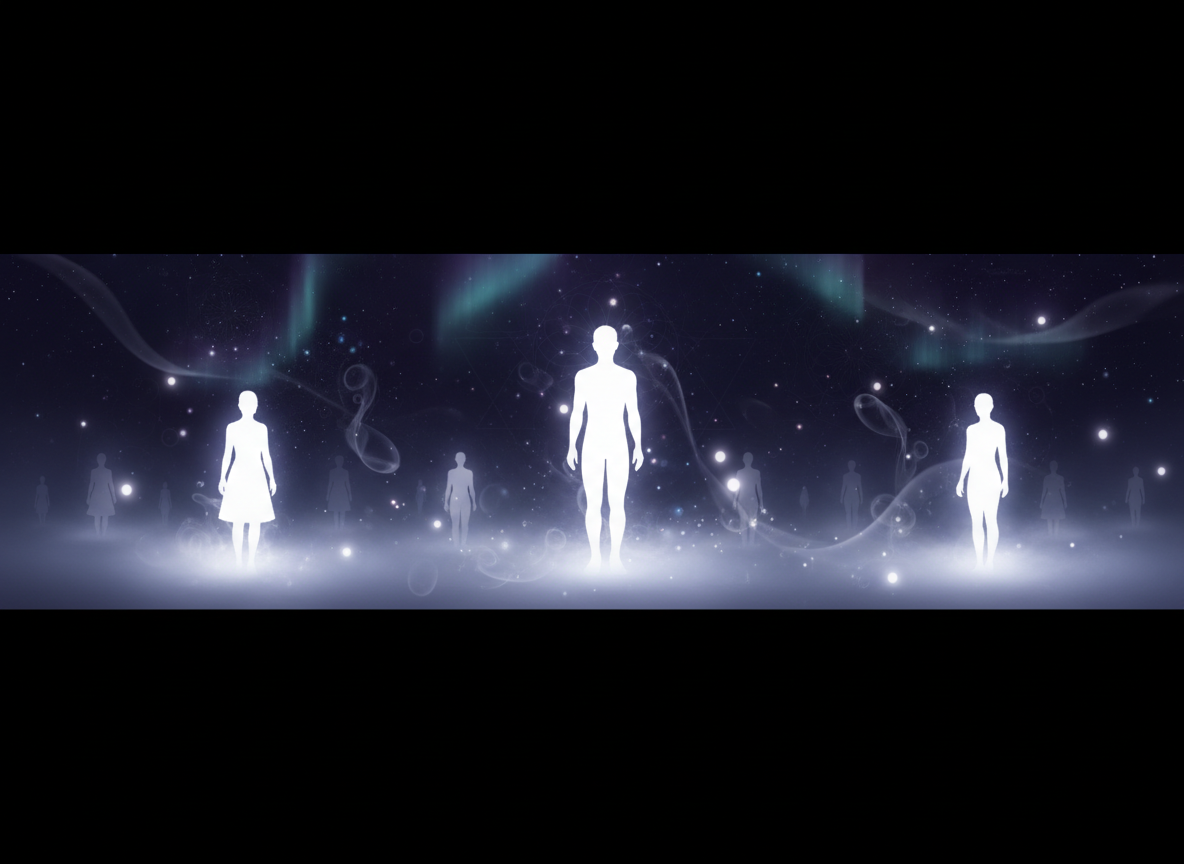 Silhouettes of multiple human figures glowing white against a cosmic background with stars and auroras.