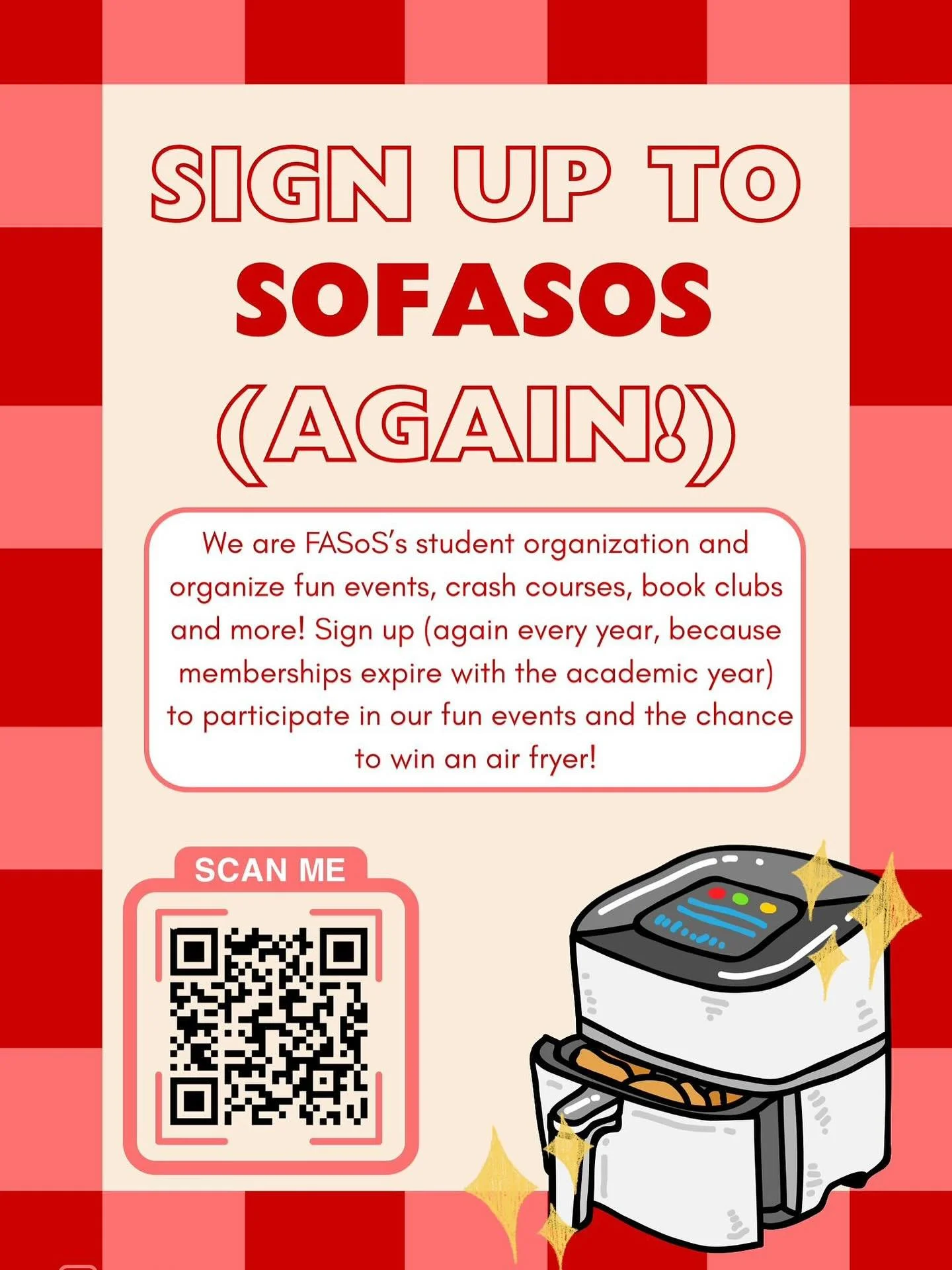 ✨ Welcome back FASoS students! ✨
A new academic year just began which means it&rsquo;s time to sign up (again‼️) for SOFASoS &mdash; your student organization bringing you fun and exciting events, crash courses and so much more! 🎉

👉 Remember: memb