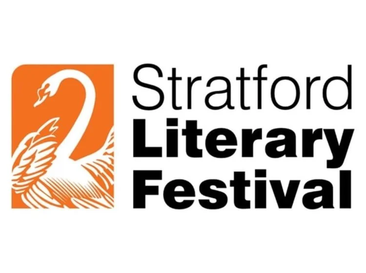 Logo for the Stratford Literary Festival featuring a stylized white swan on an orange background, with black text beside it reading 'Stratford Literary Festival'.