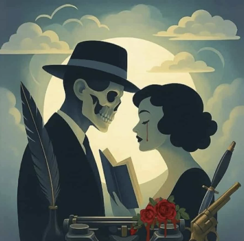 Banner for the Salon Noir Charbon Orchies in France, featuring a skeleton man and a woman with dark hair and makeup, both in vintage style, standing close with a book between them, under a full moon with clouds.