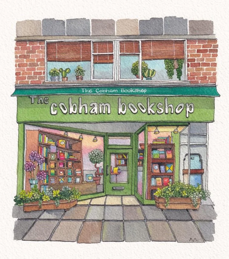 Colorful watercolor illustration of the exterior of the Cobham Bookshop, with a green awning and large front window showing books and plants inside.