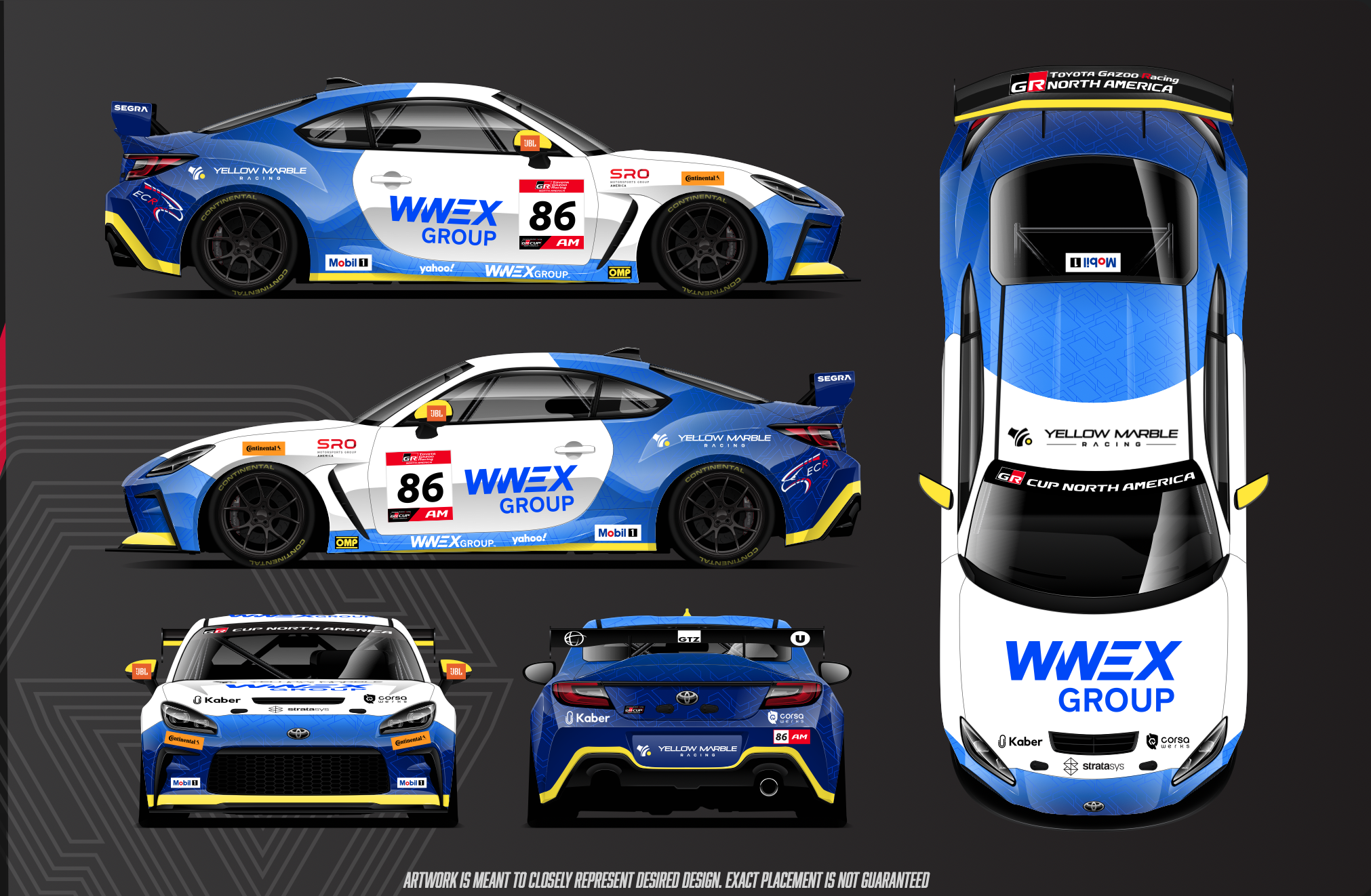 Renderings of a race car from multiple angles, featuring a blue, white, yellow, and black livery with sponsor logos including WWEX Group, Toyota Gazoo Racing, and others, set against a gray background.