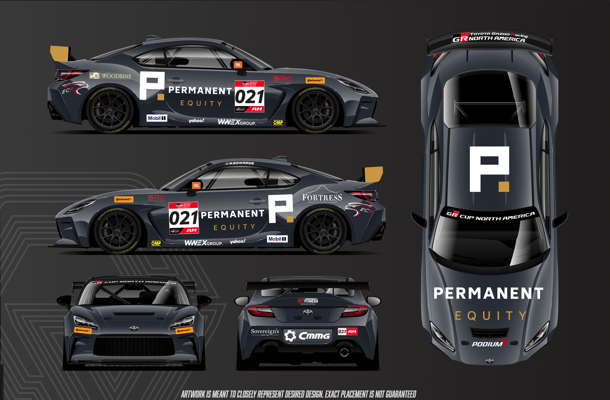 Rendering of a dark gray Toyota race car with sponsorship logos, shown from multiple angles including side, top, front, and rear views, featuring logos of Permanent Equity and other sponsors.