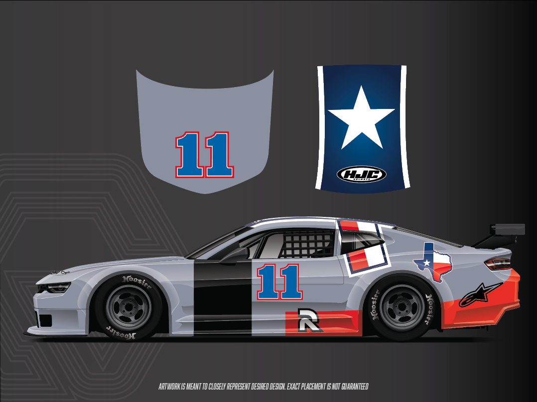 Race car design featuring the number 11, the Texas state outline with the Texas flag, and STAR logo on a dark background.