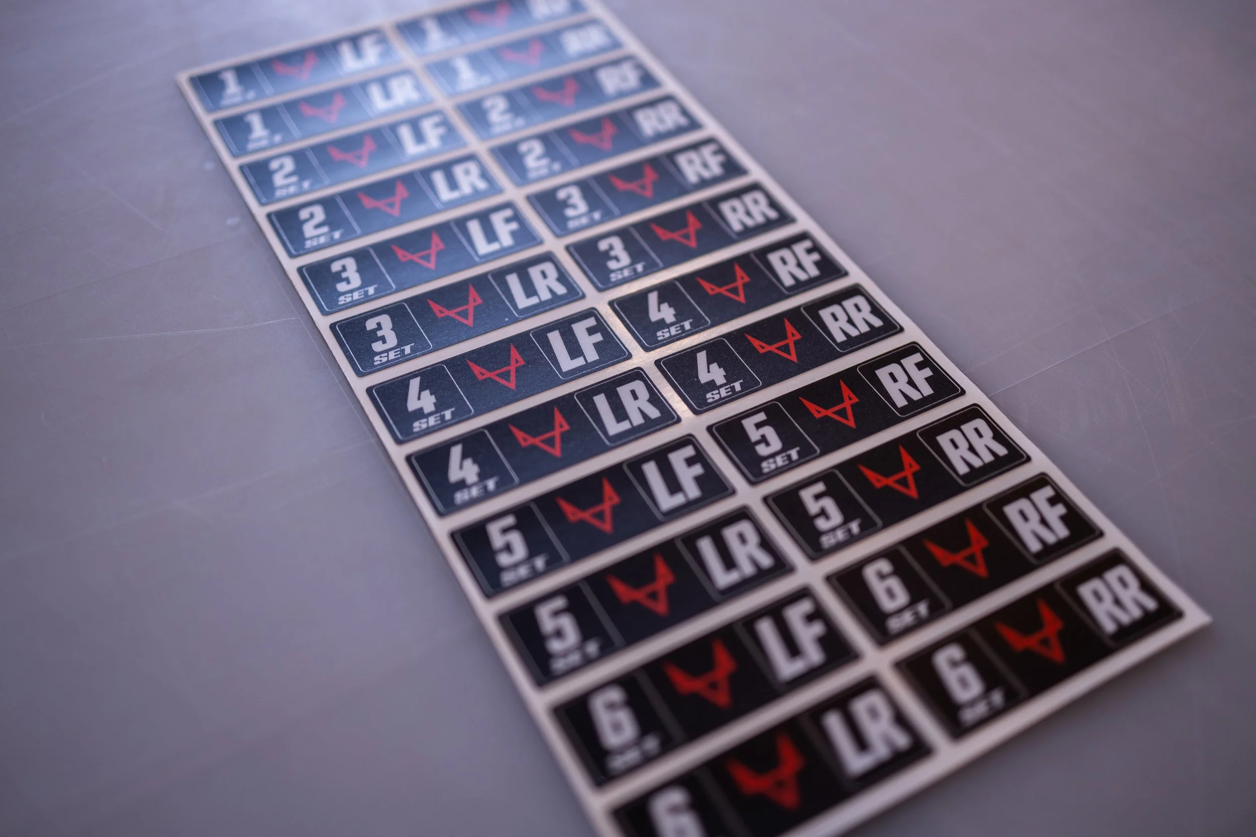 A sheet of racing ticket labels with various numbers and positions, including '1', '2', '3', '4', '5', and '6', along with designations like 'LF', 'LR', 'RF', 'RR', and 'RE'. The labels are in blue, black, and white backgrounds with red markings.