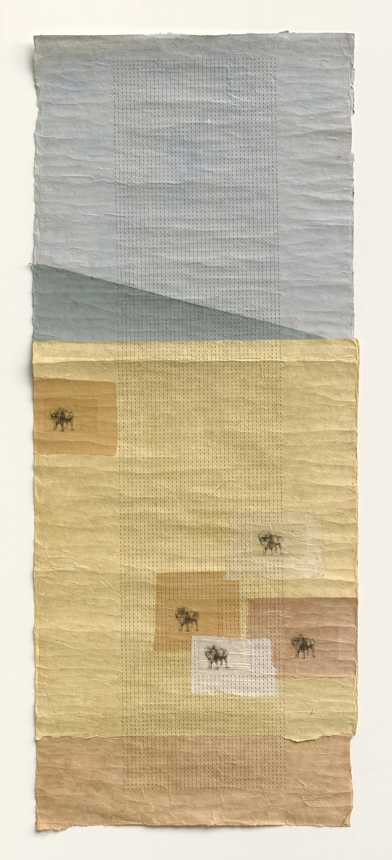 STRATA: Layered artwork on handmade paper with etching and stitchwork detail