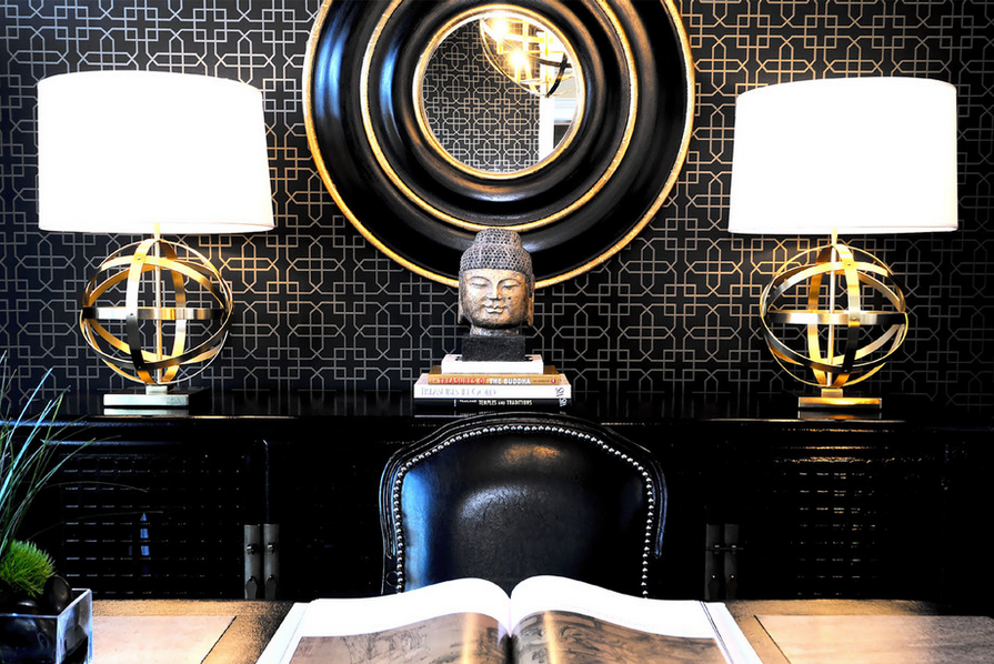 Buddha with Black credenza and Metal lamps.png
