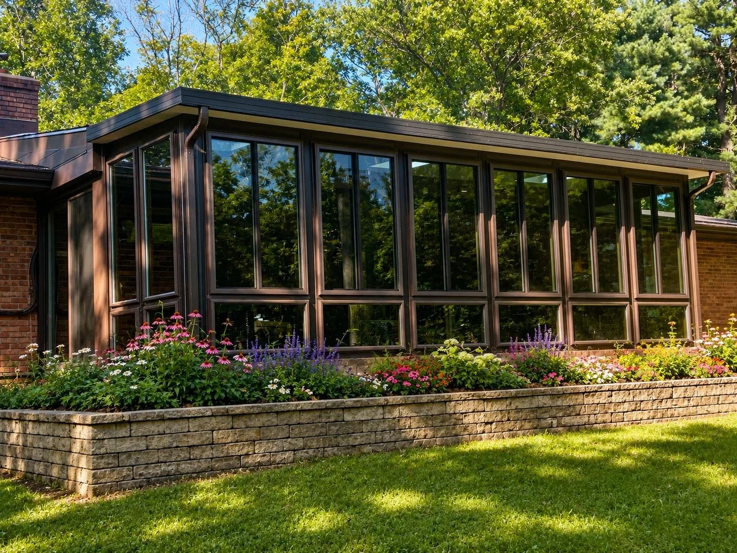 Exterior Design: A spacious four-season room with dark-framed windows, a clean modern roofline, and a landscaped garden setting.