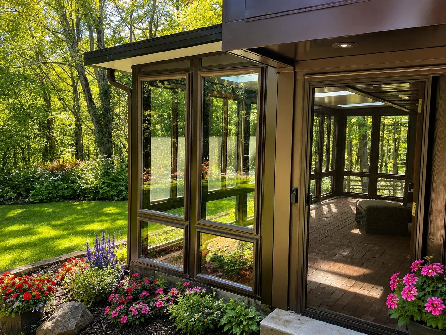 Exterior View: A beautiful four-season room surrounded by lush greenery, colorful landscaping, and large windows that bring the outdoors in.