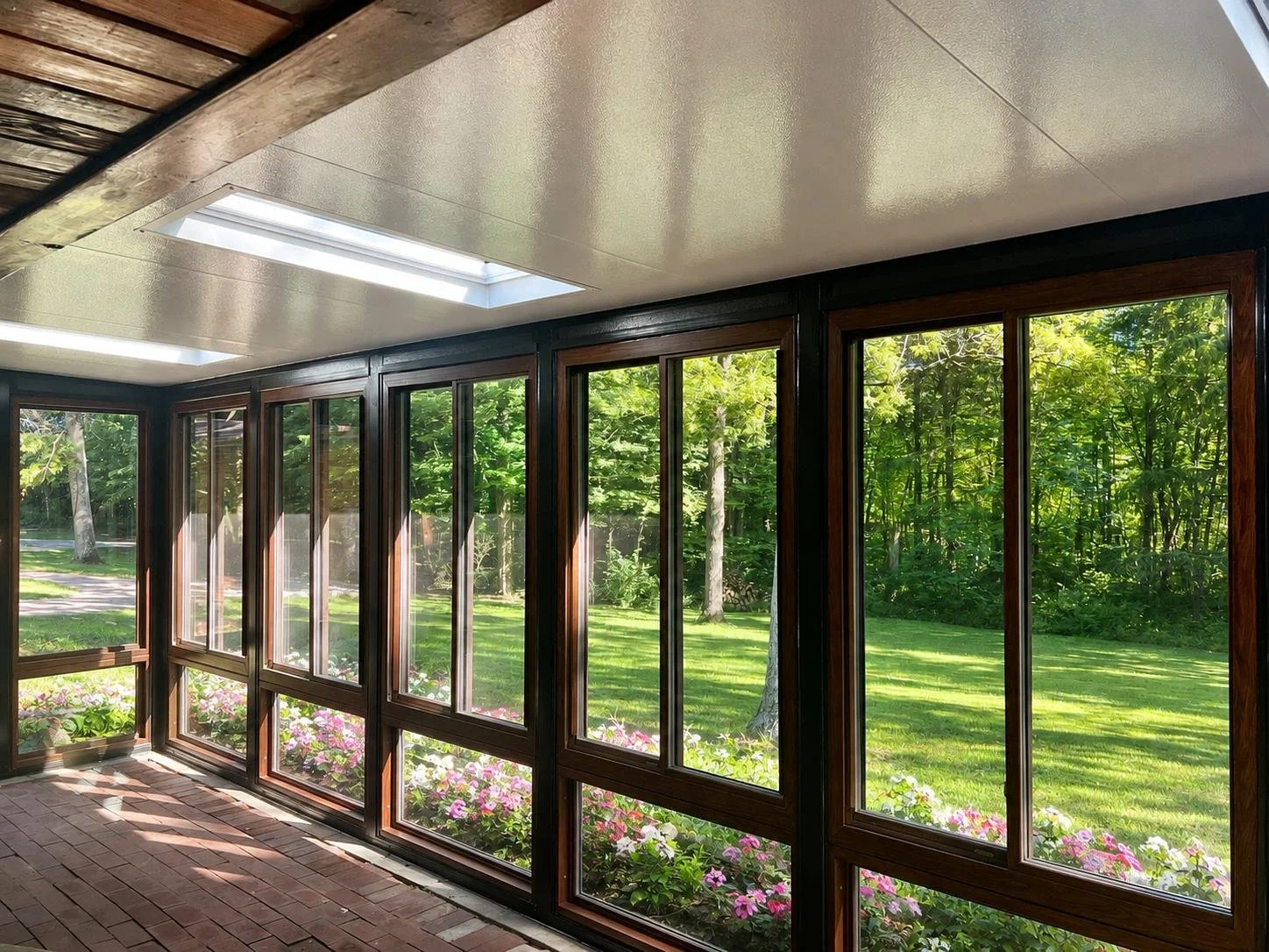 Interior View: A bright, inviting four-season room featuring expansive windows, a comfortable brick floor, and skylights for plenty of natural light.