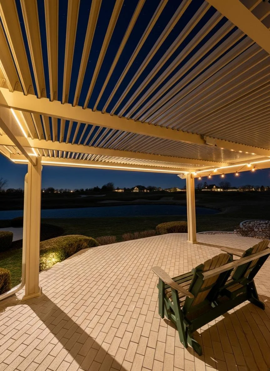 Patio Covers Ohio - Covered patio in Ohio with integrated LED lighting, creating a warm and comfortable outdoor seating area during the evening.