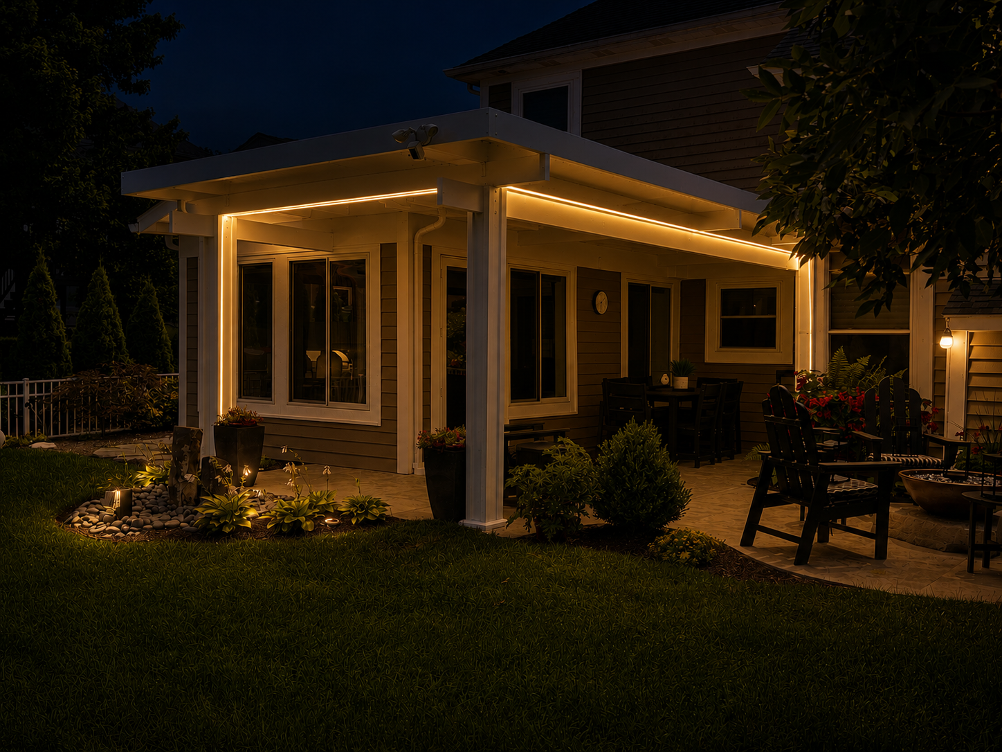Solara patio cover with integrated LED lighting, creating a warm and inviting outdoor living space after sunset.