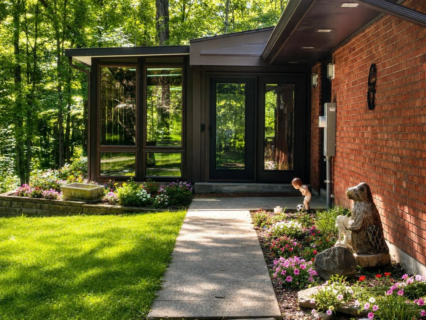 Entry View: A welcoming four-season room addition with elegant dark framing, large windows, and beautifully landscaped surroundings.