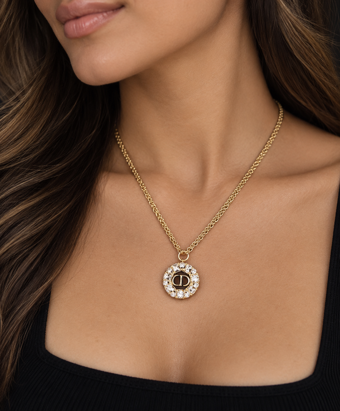 Repurposed CD Circle Charm Rhinestone Necklace