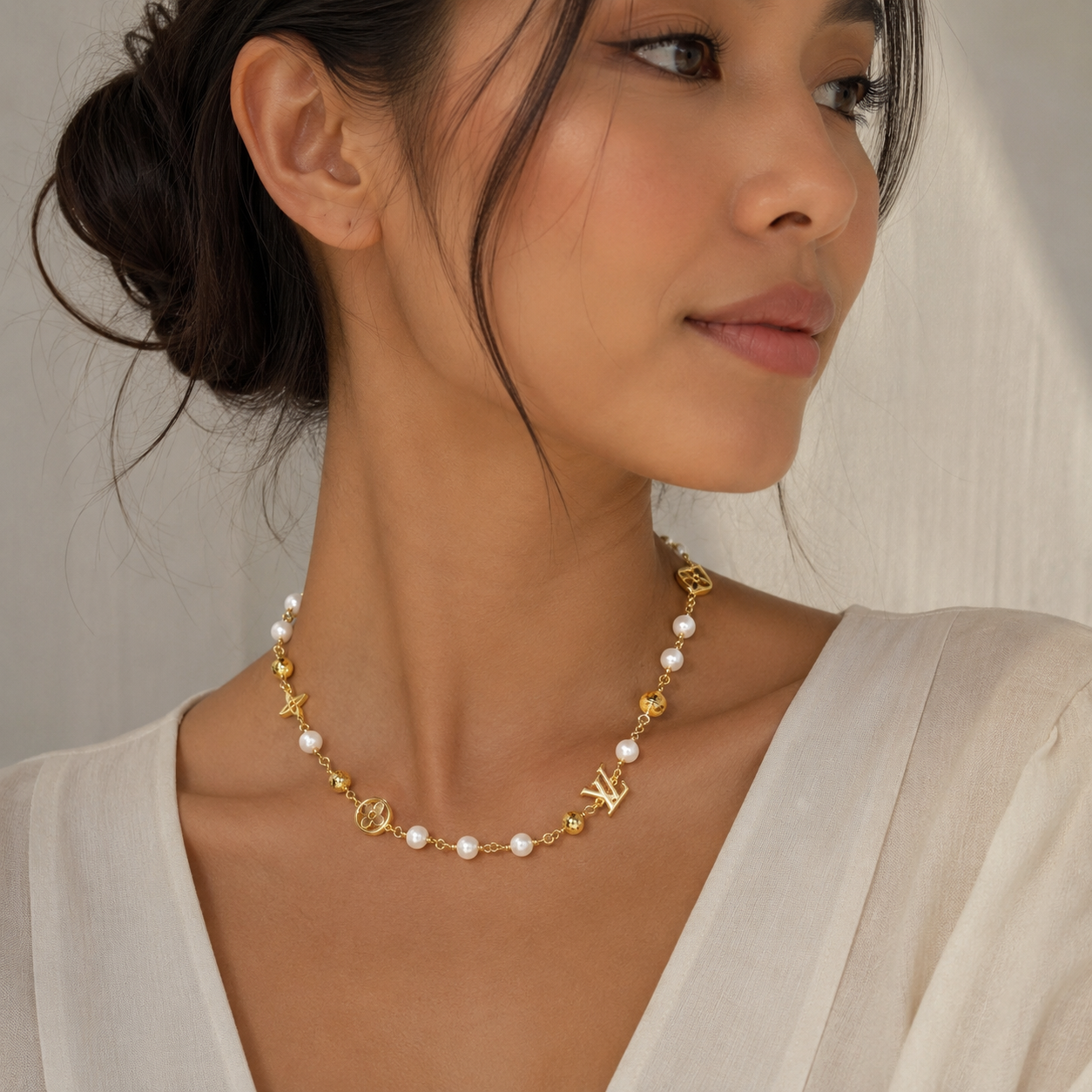 Repurposed LV Pearl Charm Necklace