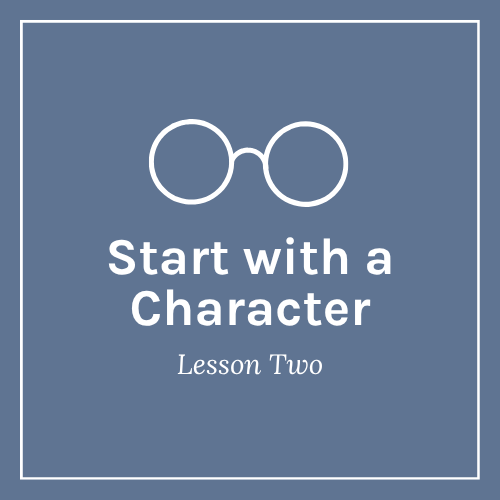 A blue square with a white outline of glasses and the text 'Start with a Character' and 'Week Two' in white.