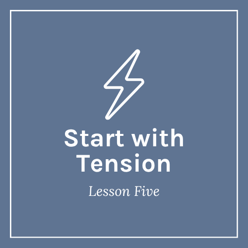 A blue square graphic with white lightning bolt icons and text that says 'Start with Tension' and 'Week Five'.
