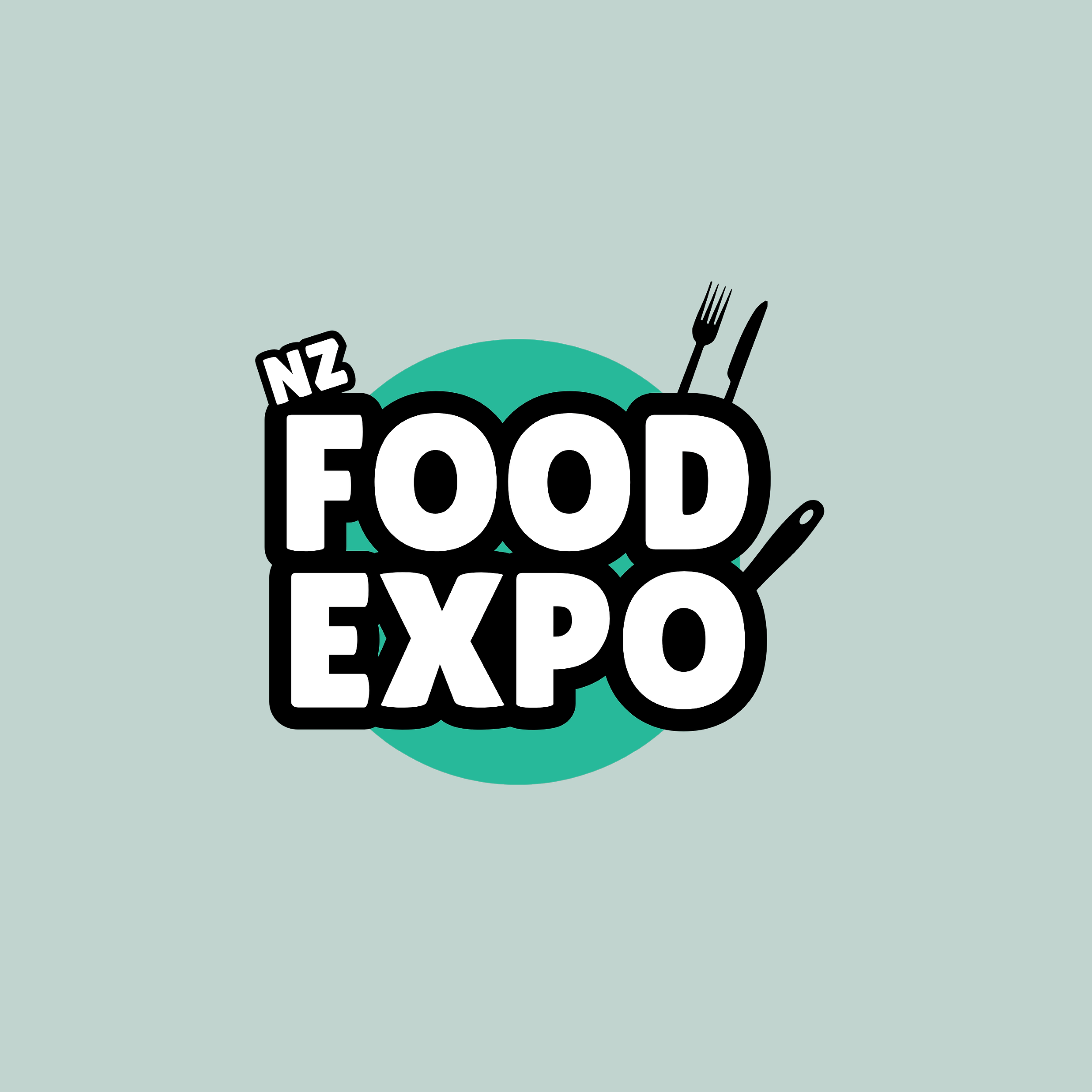 Logo for NZ Food Expo with text and utensils