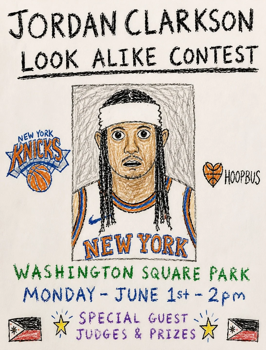 Jordan Clarkson look-a-like contest June 1st - 2pm Washington Square Park. #knicks #hoopbus #nyc