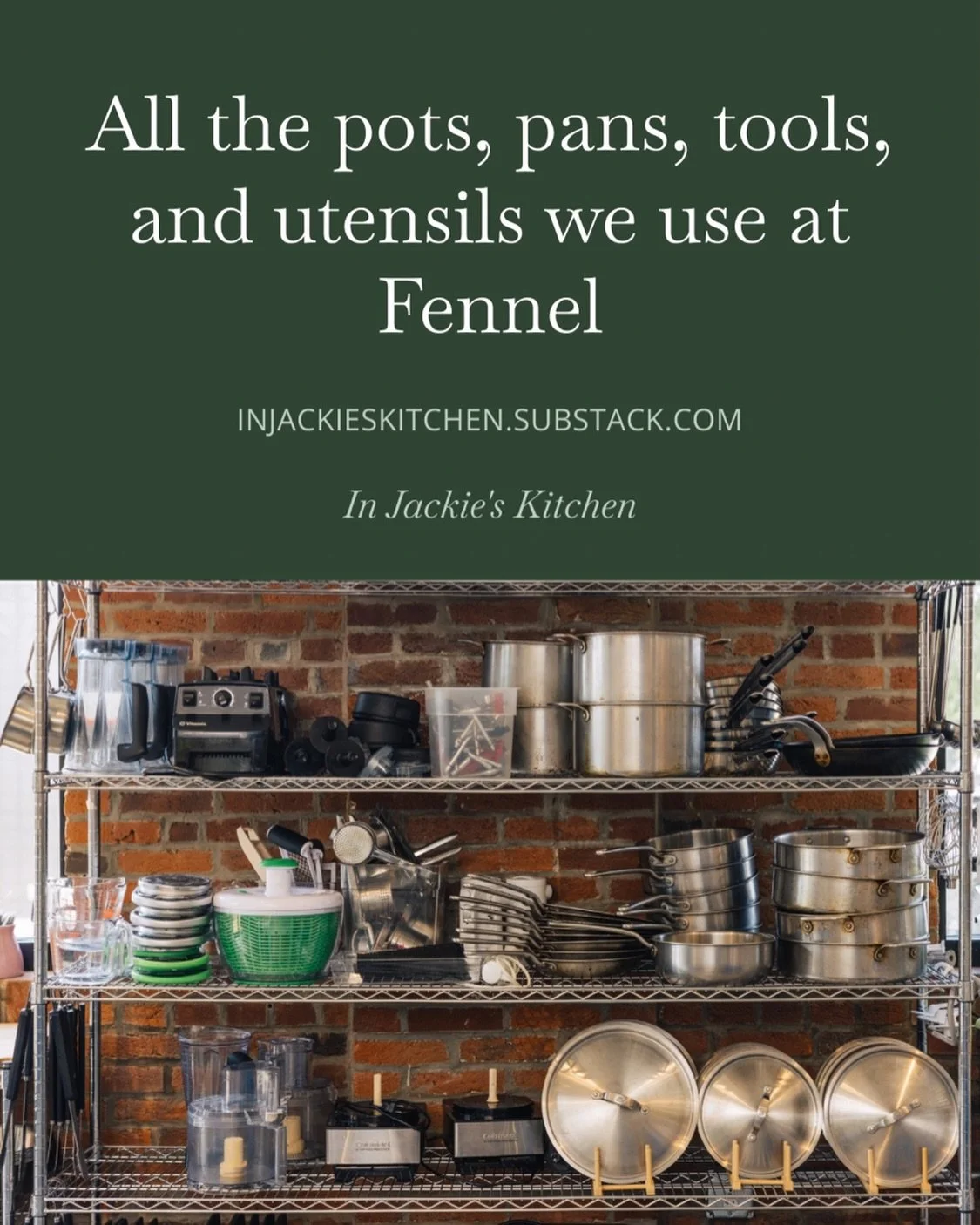 New Substack post is live and it&rsquo;s a roundup of ALL the pots, pans, tools, and utensils we use at Fennel! If you&rsquo;re looking for recommendations or discovered a favorite tool in a Fennel class, you&rsquo;ll find it here. 

Our utensil walk