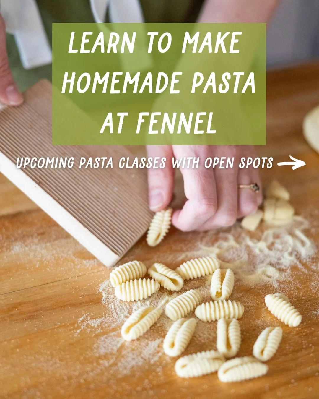 Pasta classes are our most popular classes &amp; we run them every month! Join us for a pasta class this spring, we have openings for you in the following classes:

3/24 hand formed pasta shapes: learn how to make pasta without a pasta roller! Perfec