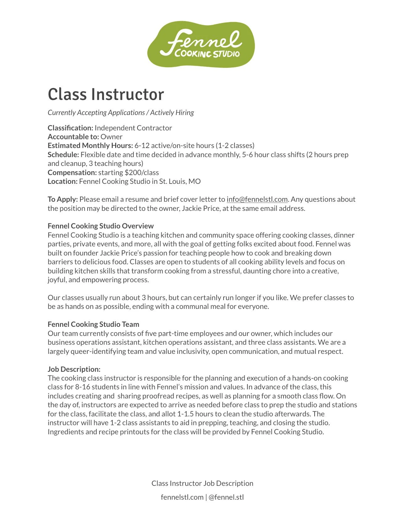 JOBS — Fennel Cooking Studio