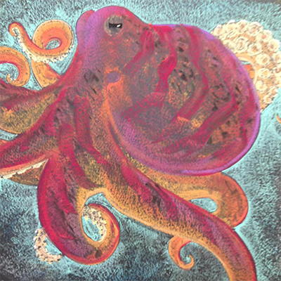 Colorful illustration of an octopus with a large head and curling tentacles on a textured background.