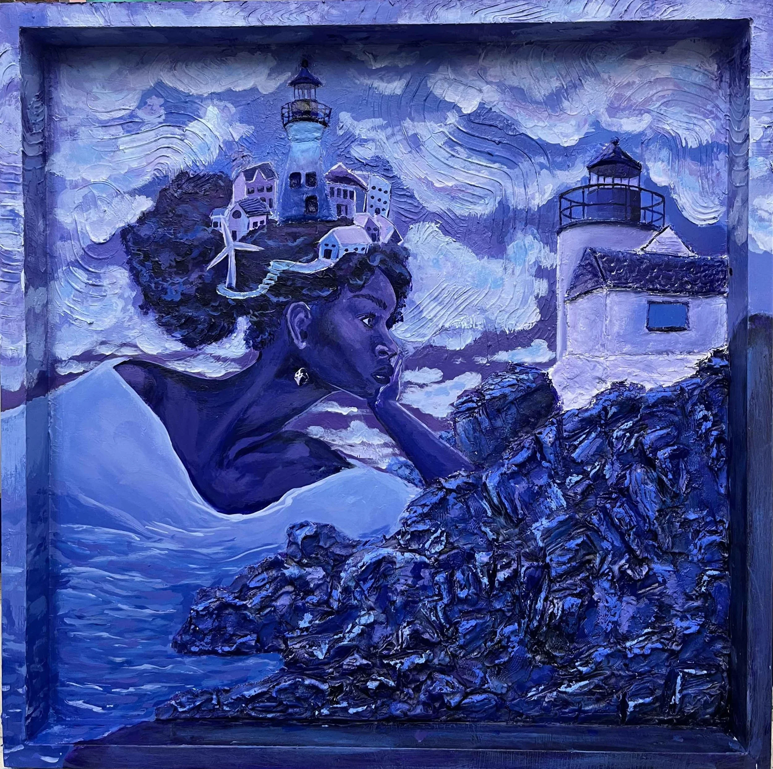 I Befriended the Mountain;
acrylic, airdry clay, and pastels on wood panel;
March 2025;
24x24 inches;
Permanently on view at the Children’s Museum of Pgh