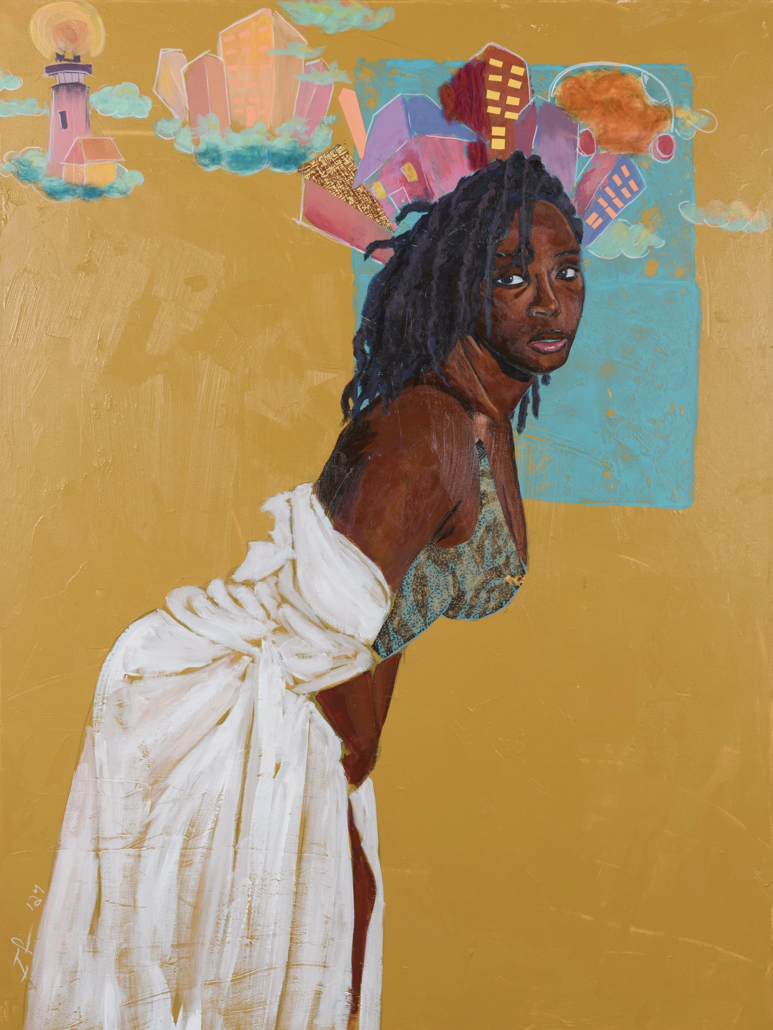 Is This Enough?;
Acrylic, fabric, and cardstock on canvas;
2024;
36 x48 inches