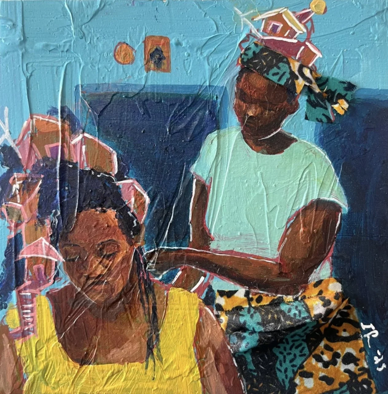 Family Ties;
acrylic and fabric collage on wooden panel;
May 2025;
7 x 7 inches; sold
