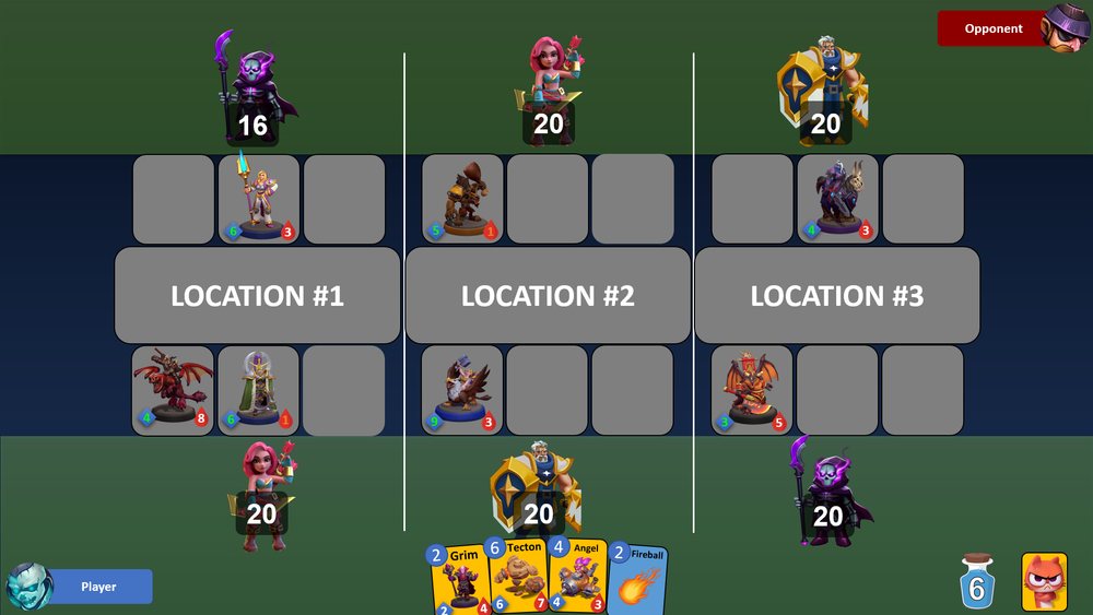 Early Origins TCG prototype board with locations, commanders, hand cards, and combat layout