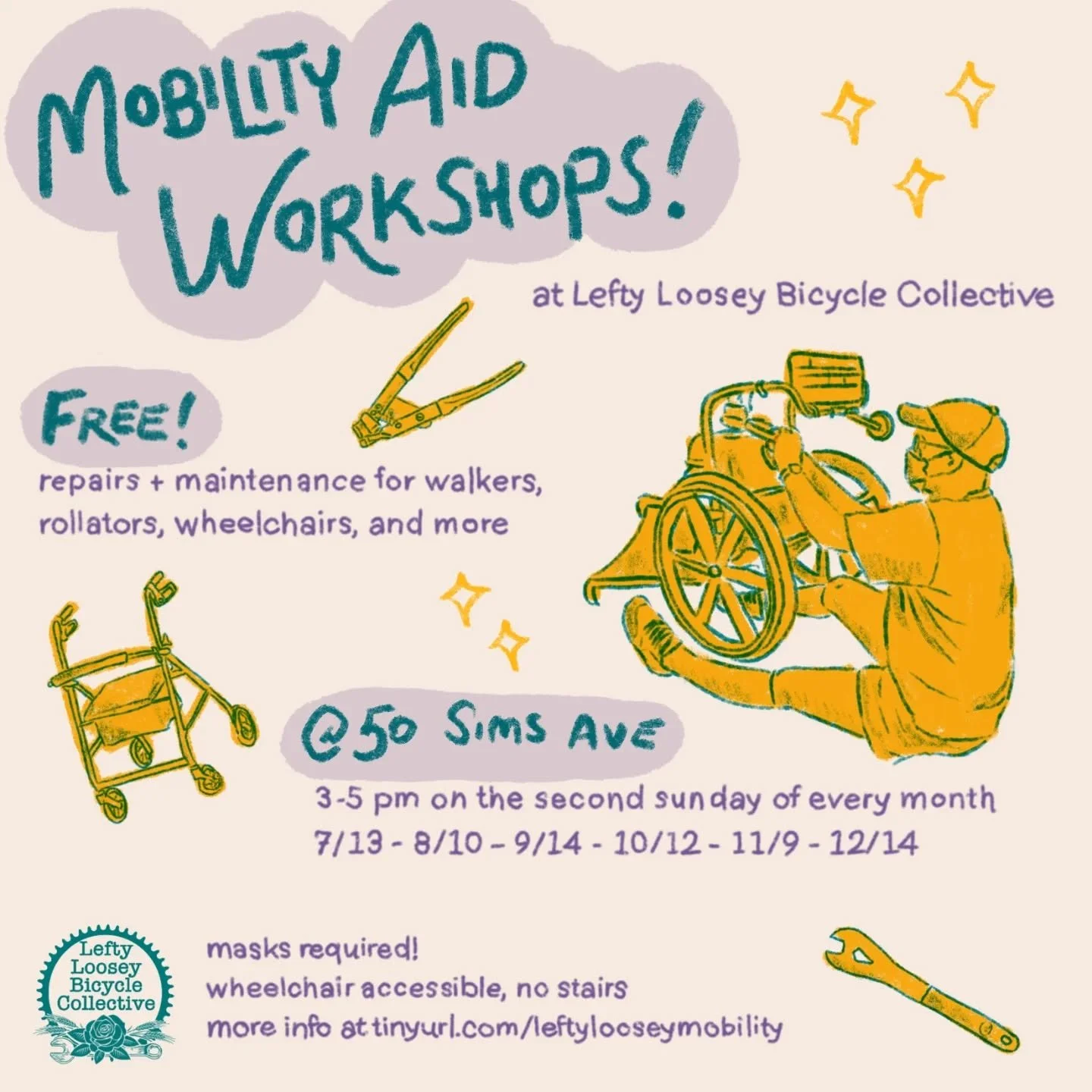 We have some updated information about the Mobility Aid Workshops! Lefty Loosey and members of the local disabled community have been hosting workshops with free support and community for mobility aid users.

Moving forward&nbsp;we will be hosting an